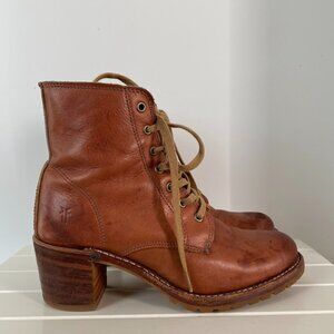 Frye Sabrina 6G lace up heeled leather ankle boot saddle cognac size 7.5